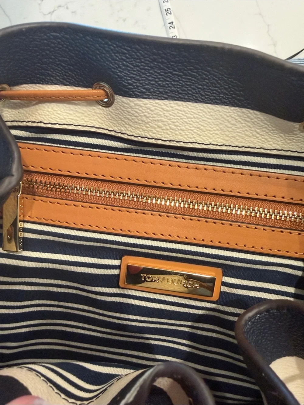 Tory Burch Navy and White Striped Canvas Backpack with Tan Leather Flap